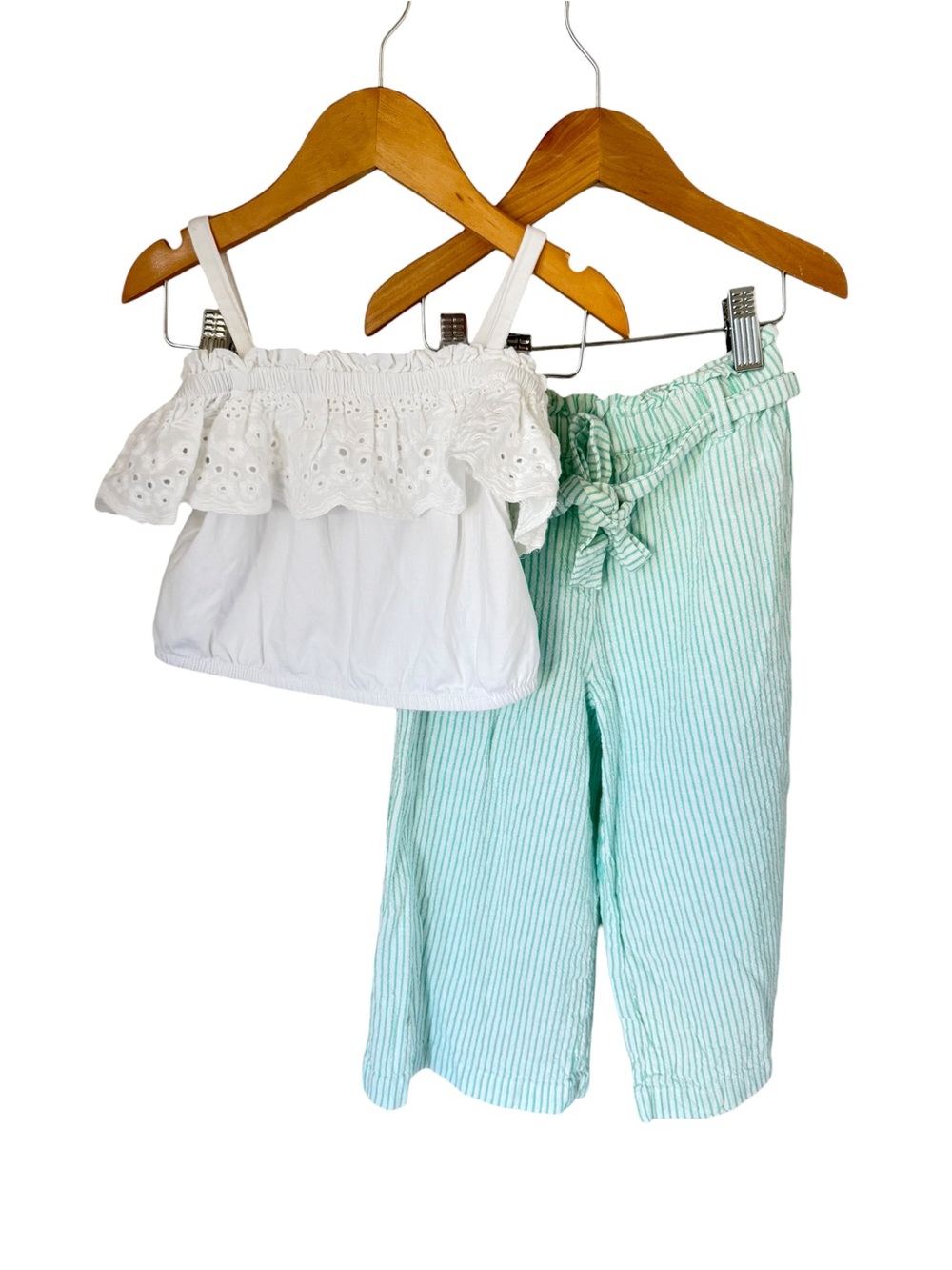 Tommy Bahama White Eyelet Top & Mint Striped Paperbag Pants